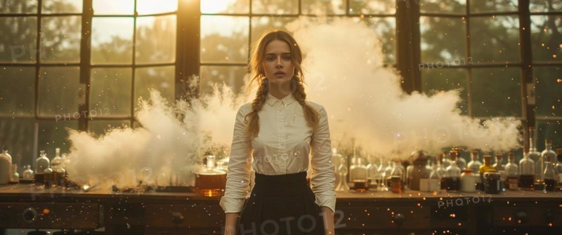 Woman in a white shirt amidst dramatic smoke in a vintage laboratory, AI generated