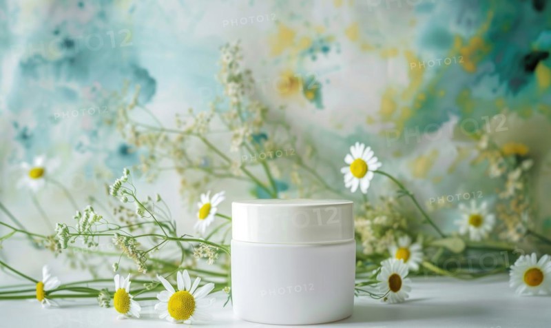 Blank cosmetic jar mockup placed on an elegant watercolor chamomile background, skin care and beauty AI generated