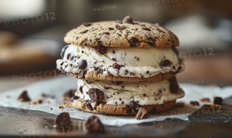 Ice cream sandwich with cookie crunch, closeup AI generated