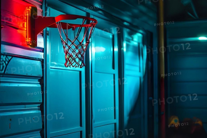 90s style basketball hoop suspended above a garage door, AI generated