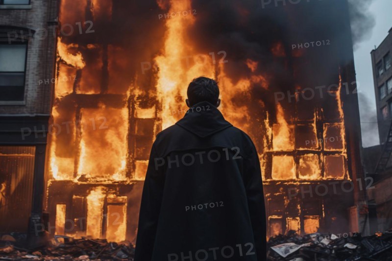 Back view of man standing in front of burning building. KI generiert, generiert, AI generated