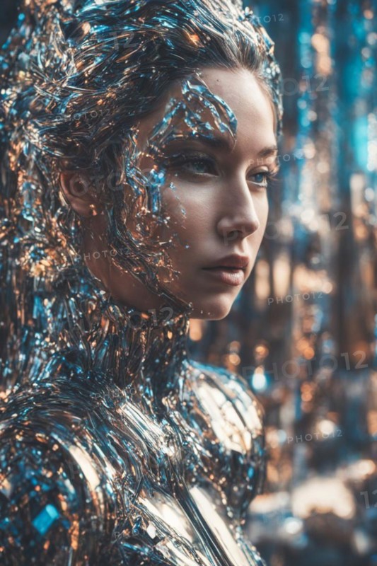 Side profile of a woman with her body and face covered in a textured metallic paint, exuding an artistic vibe, ray tracing 3d fashion, AI generated