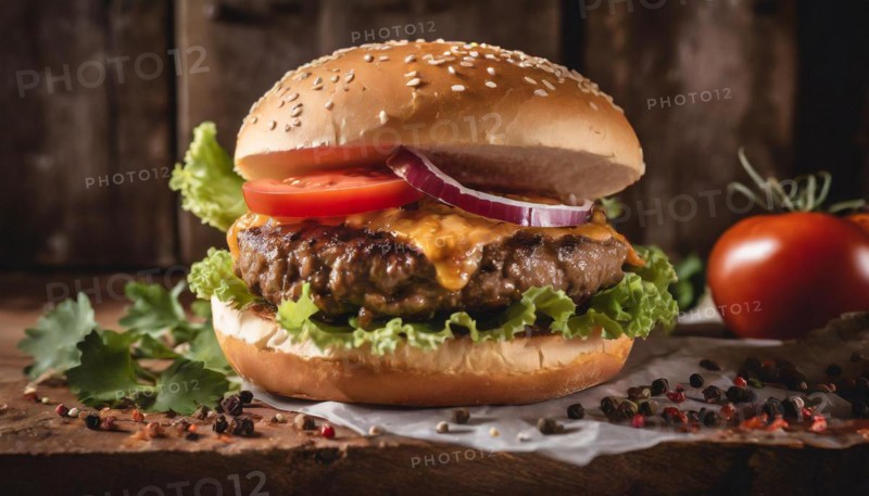 Food, hamburger with meat, tomato and sesame bun, AI generated, AI generated
