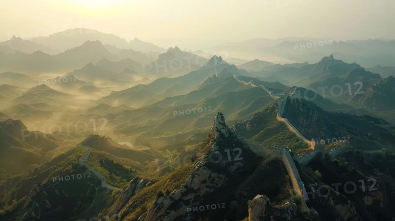 Sunset casting a golden glow over the Great Wall of China and the surrounding mountain landscape, ai generated, AI generated