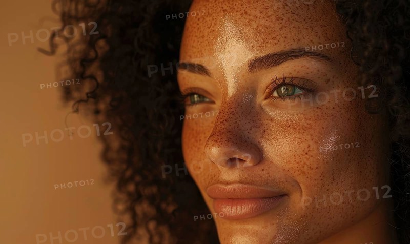A woman's face is illuminated by the golden hour light, highlighting her freckles and serene look AI generated
