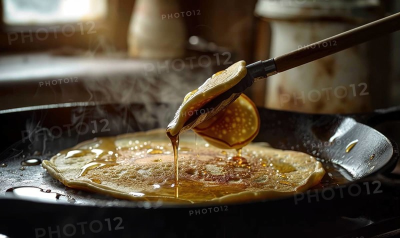 Pouring syrup on pancakes in a cast iron pan with steam rising in a home kitchen AI generated