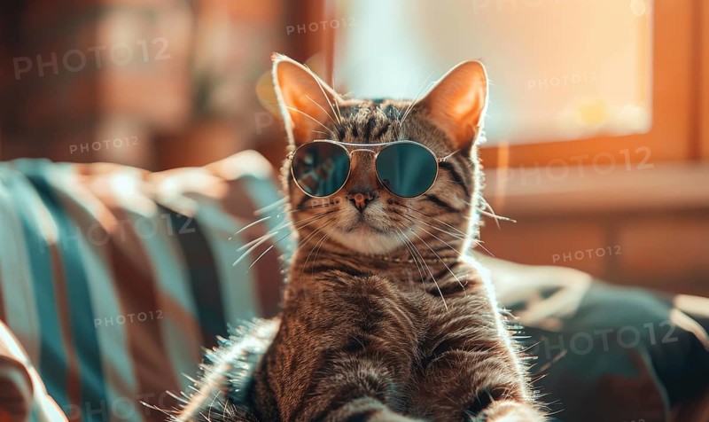Confident cat lounging in sunlight with reflective sunglasses and a cozy backdrop AI generated
