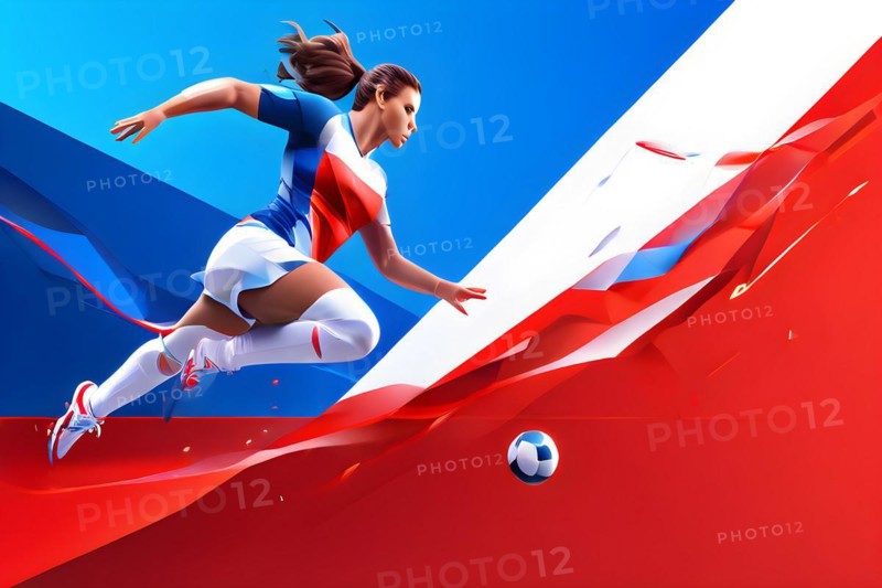 Abstract digital render of a female olympic soccer player morphing into fluid shapes of french tricolor blue white and red, AI generated