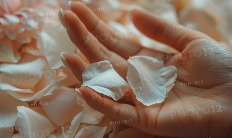 Close-up of a woman's hand with a neutral manicure, adorned with delicate flower petals AI generated