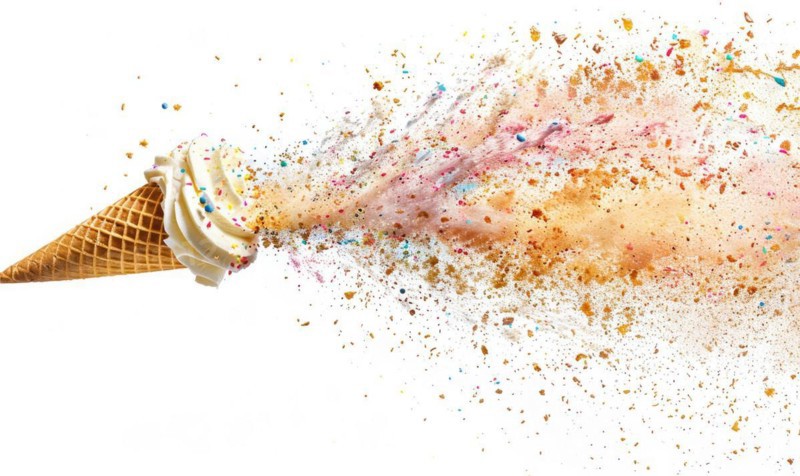 Ice cream cone explosion on white background AI generated