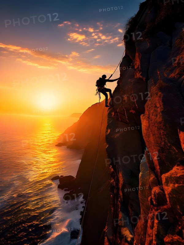 Climber rappelling down a steep rock face bathed in the vibrant hues of a sunset, AI generated