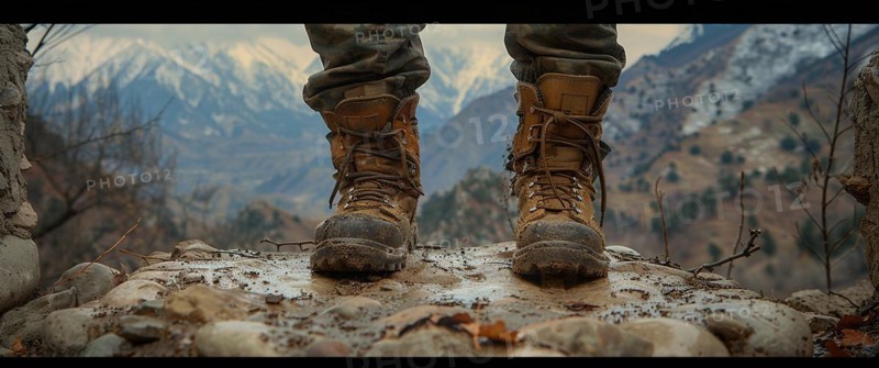 Pair of dirty boots on mountain trail overlooking snowy peaks at dusk, AI generated
