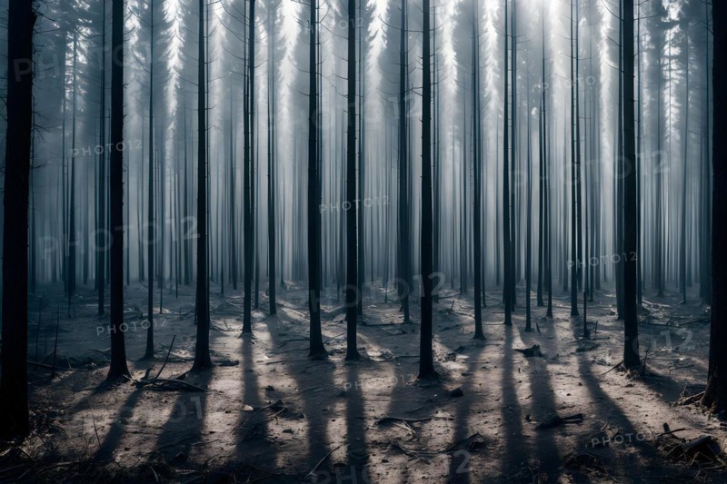Dense forest pockets of trees charred from wildfires, AI generated
