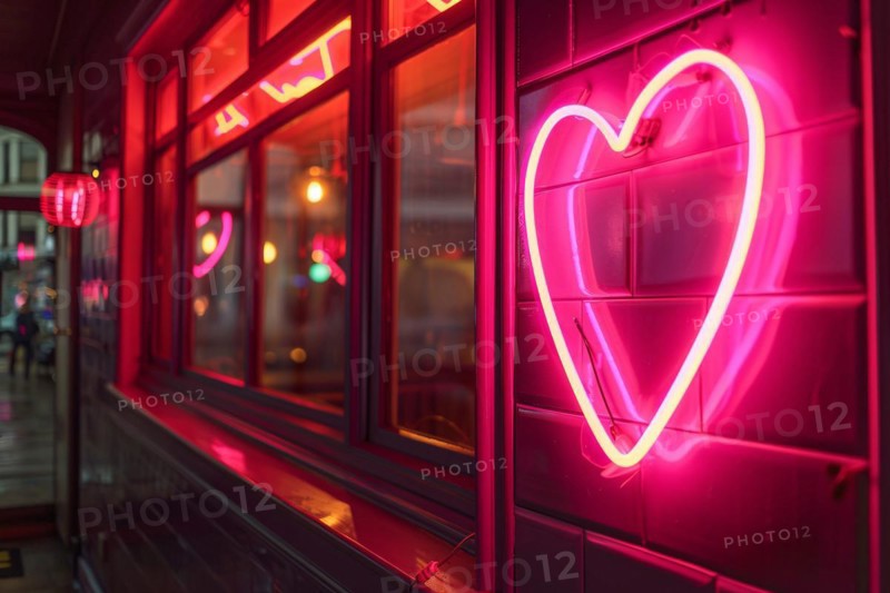 Pink heart shaped neon sign on wall. Generative AI, AI generated