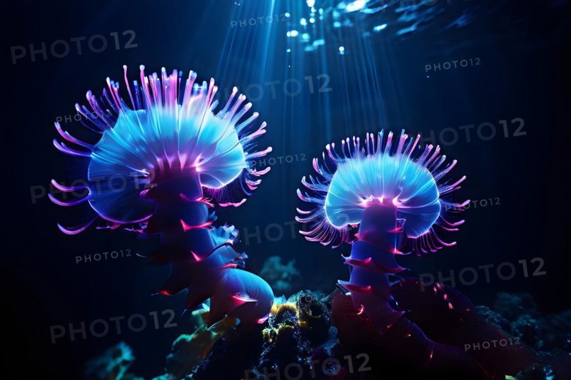 Bristle worms bioluminescent bodies floating in deep ocean, AI generated, deep sea, fish, squid, bioluminescent, glowing, light, water, ocean