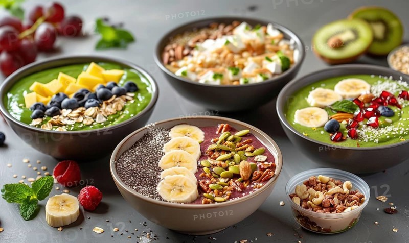 Colorful smoothie bowls garnished with superfoods like chia and nuts AI generated