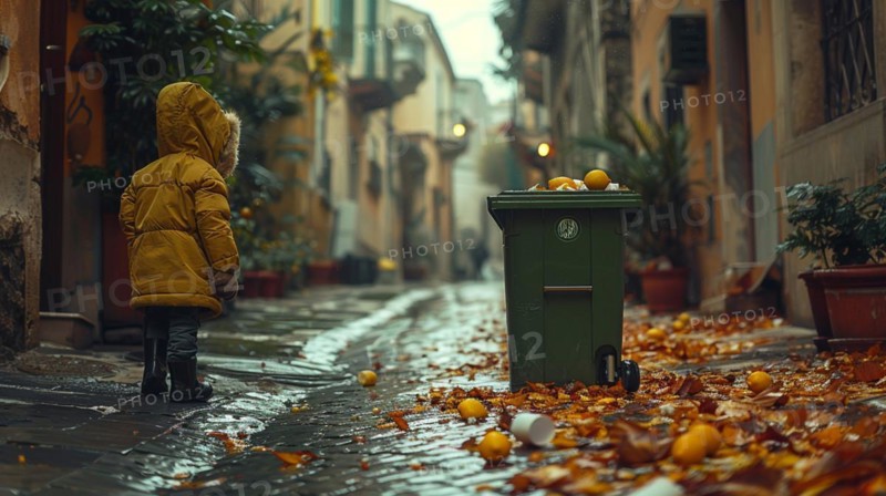 Child in a yellow jacket standing in a cobbled street with scattered oranges and leaves, waste separation, reduction and recycling concept, AI generated