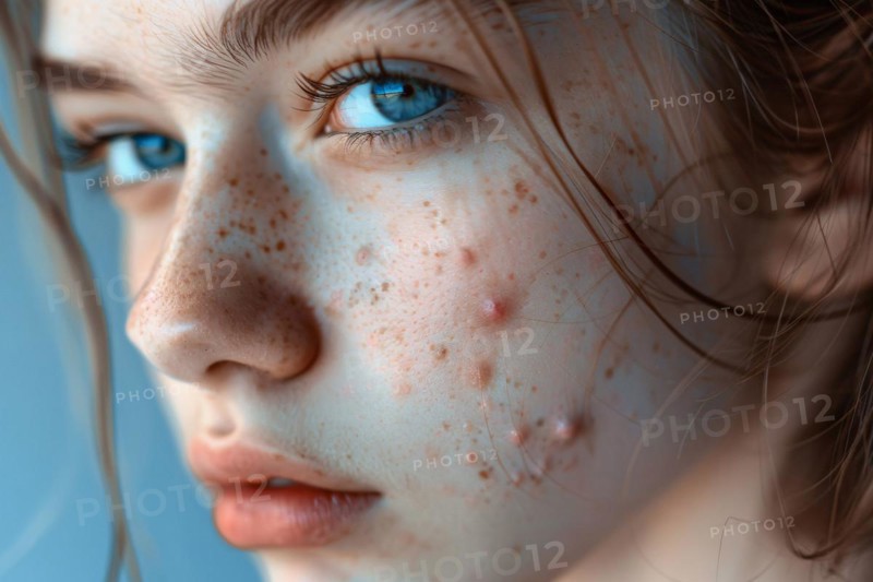 Close up of face of teenager girl with acne skin condition. KI generiert, generiert, AI generated