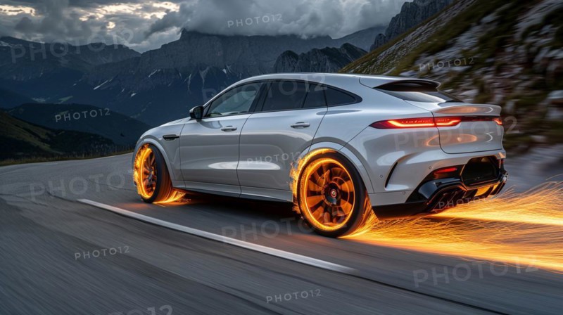 A white performance electric german design car speeding along a mountain road, tires creating sparks effect, AI generated