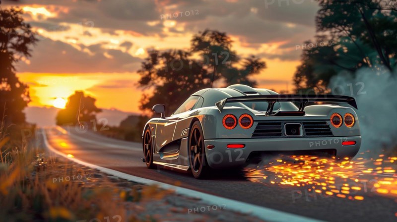 Dynamic image of a sports car emitting sparks on a road at sunset, low ultra wide angle, AI generated