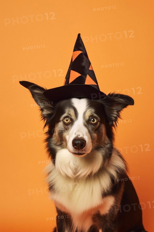 Dog wearing Halloween costume witch hat on orange stduio background. KI generiert, generiert, AI generated