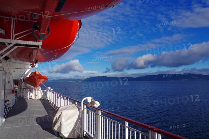 On a Hurtigruten ship, View of lifeboats and coast, Transport, Hurtigruten, Norway, Europe
