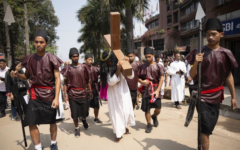 Christian devotees takes part in a perform to re-enactment of the crucifixion of Jesus Christ during a procession on Good Friday, on March 29, 2024 in Guwahati, Assam, India. Good Friday is a Christian holiday commemorating the crucifixion of Jesus Christ and his death at Calvary