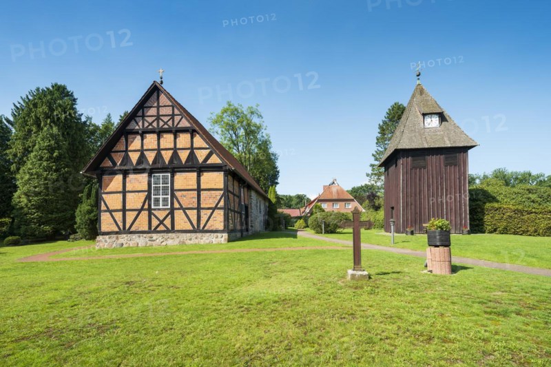 Half-timbered church and free-standing bell tower, Undeloh, Lueneburg Heath, Lower Saxony, Germany, Europe