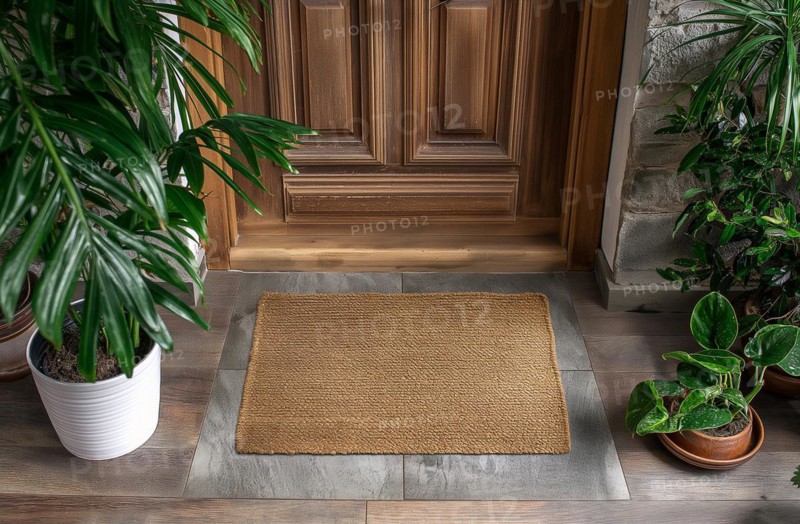 Blank welcome mat at custom front door of house. generative AI, AI generated