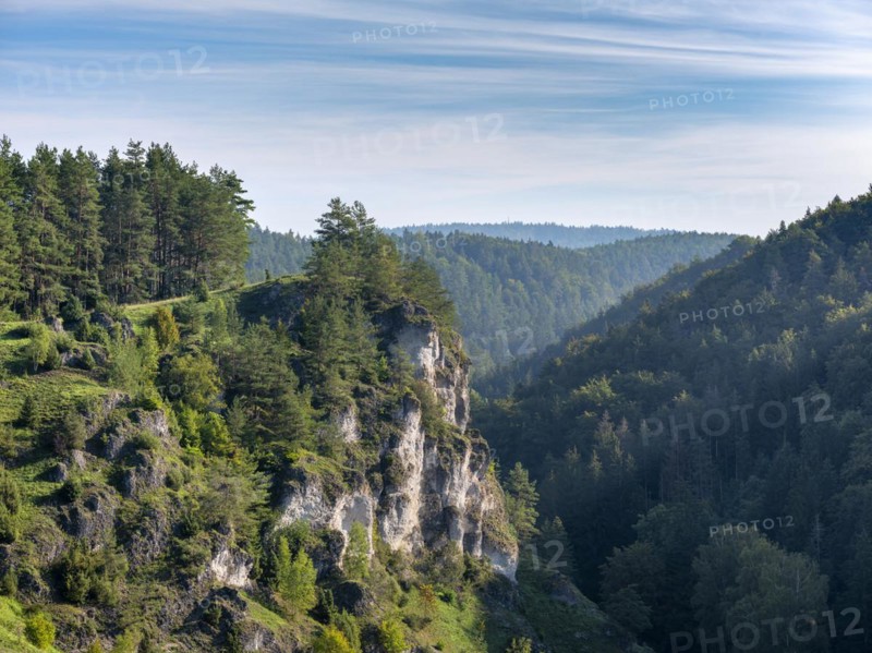 View of the Puettlach valley with rocks and forests near Pottensteind, Franconian Switzerland, Franconian Alb, Upper Franconia, Franconia, Bavaria