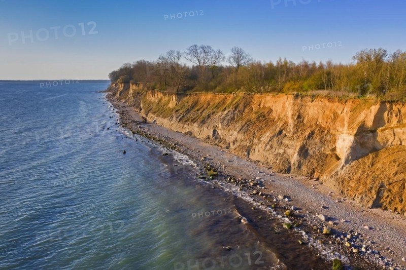 Aerial view over beach and Brodtener Ufer, Brodten Steilufer, cliff in the Bay of Luebeck along the Baltic Sea at sunrise, Schleswig-Holstein, Germany, Europe