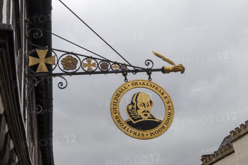 Signboard, William Shakespeare's classroom and town hall, Stratford upon Avon, England, Great Britain