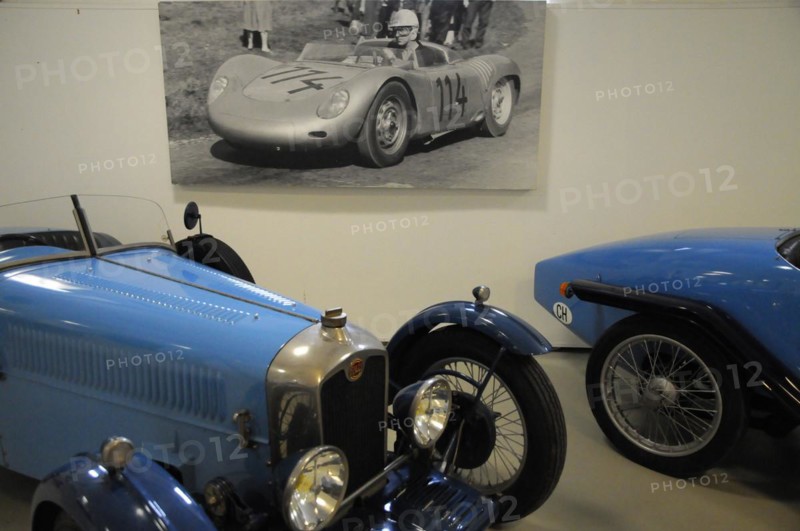 Deutsches Automuseum Langenburg, A historical black and white photo of a racing car on a race track, Deutsches Automuseum Langenburg, Langenburg, Baden-Wuerttemberg, Germany, Europe