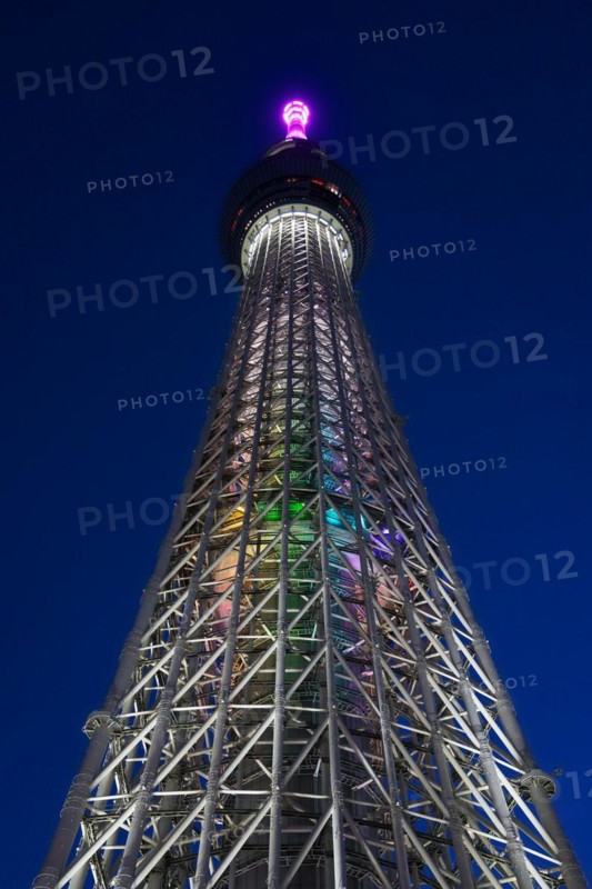 634 meters high Tokyo Skytree, broadcasting and observation tower in Sumida illuminated at night in the city Tokyo, Japan, Asia
