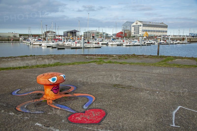 Painted bollards, octopus, boats, buildings, marina, Dunkirk, France, Europe