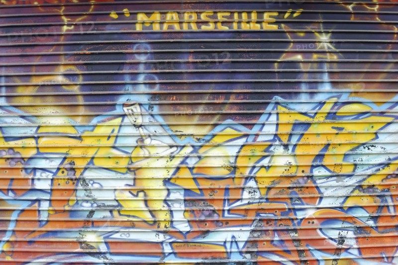 Marseille, Colourful graffiti art with the lettering 'Marseille' on a wall, Marseille, Departement Bouches-du-Rhone, Provence-Alpes-Cote d'Azur region, France, Europe