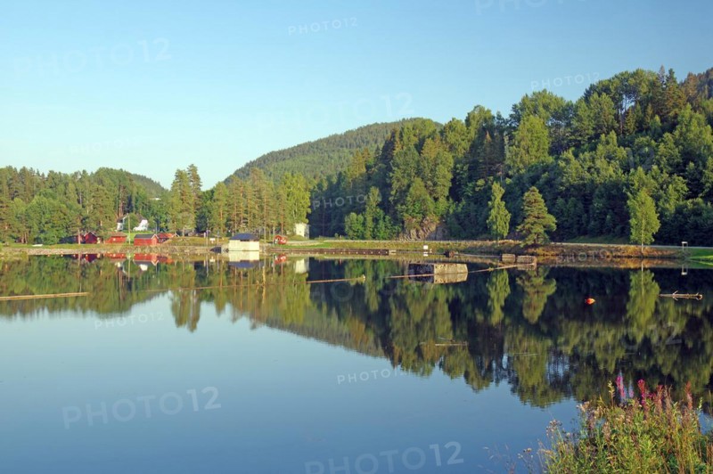 Calm evening mood by a body of water, Old Waterway, Telemark Canal, Telemark, Norway, Europe