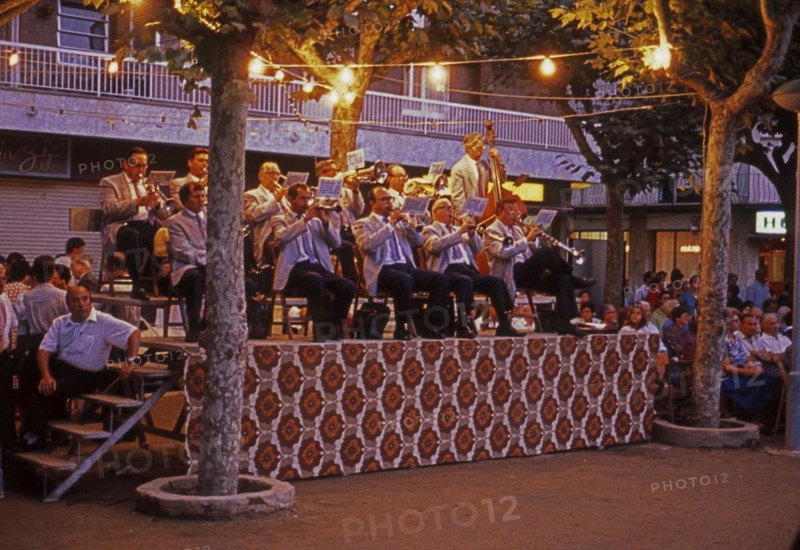 Cobla, a traditional Catalan music band celebrating Catalonia's national day on September 11. Calella, Catalonia, Costa Brava, Barcelona, Spain. Scanned thumbnail slide
