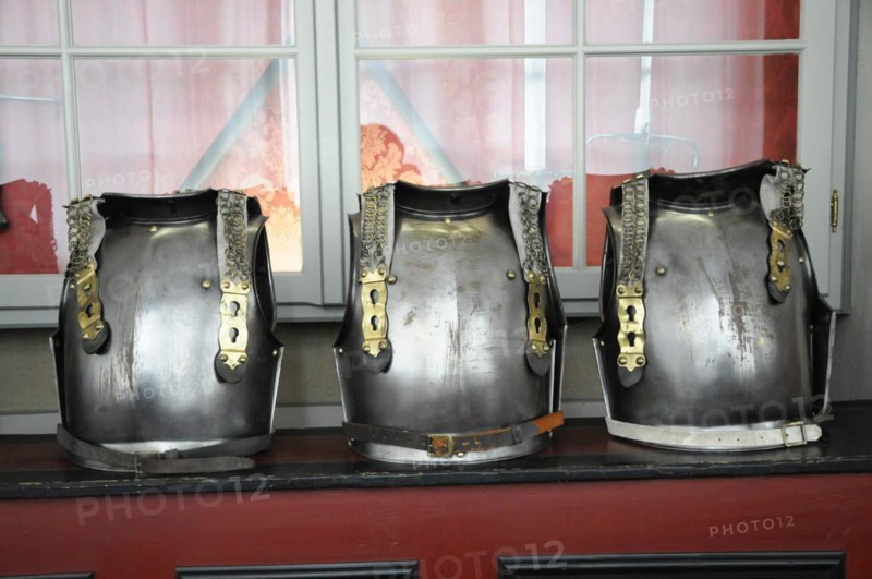 Langenburg Castle, Three metal armours lined up in front of a window, Langenburg Castle, Langenburg, Baden-Wuerttemberg, Germany, Europe