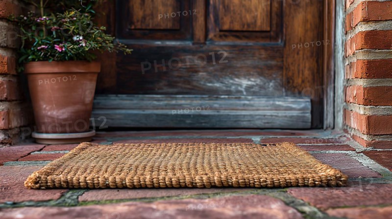 Blank welcome mat at custom front door of house. generative AI, AI generated