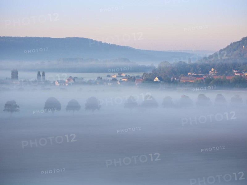 Morning fog in the Bluetengrund, Saale valley near Naumburg (Saale), Saxony-Anhalt, Germany, Europe