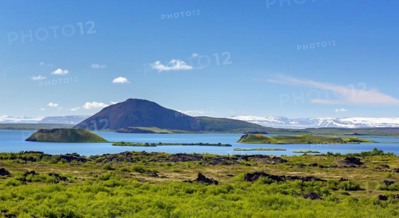 View over the shallow lake Myvatn in summer, Norourland eystra, Nordurland eystra in the north of Iceland