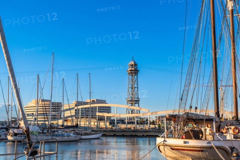 View of the old harbour and the cable car in Barcelona, Spain, Europe