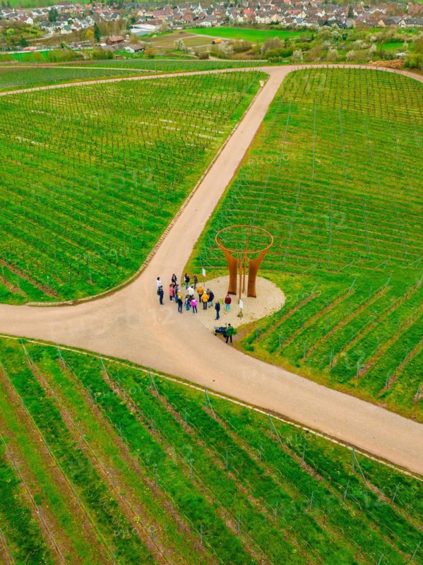 Group of people at an art installation in the middle of a green vineyard from a bird's eye view, Jesus Grace Chruch, Weitblickweg, Easter hike, Hohenhaslach, Germany, Europe