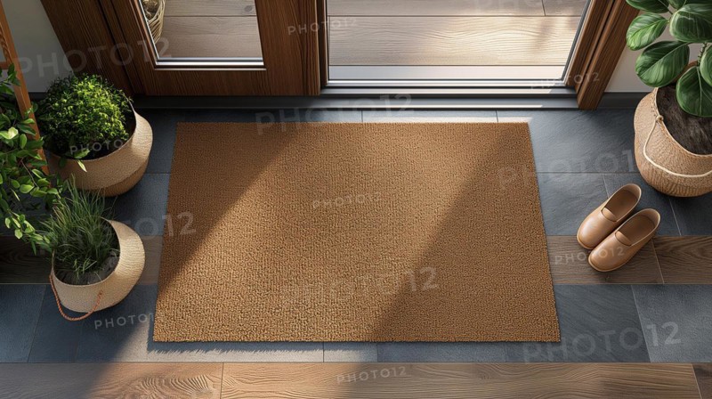 Blank welcome mat and pair of shoes at front door of house. generative AI, AI generated