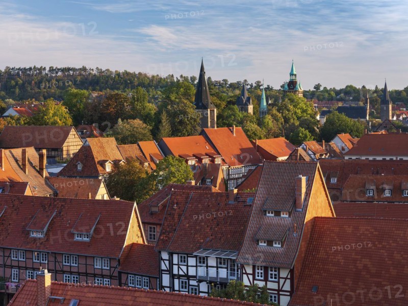 View from the Schlossberg of the roofs of the half-timbered houses and the towers in the historic old town, UNESCO World Heritage Site, Quedlinburg, Saxony-Anhalt, Germany, Europe