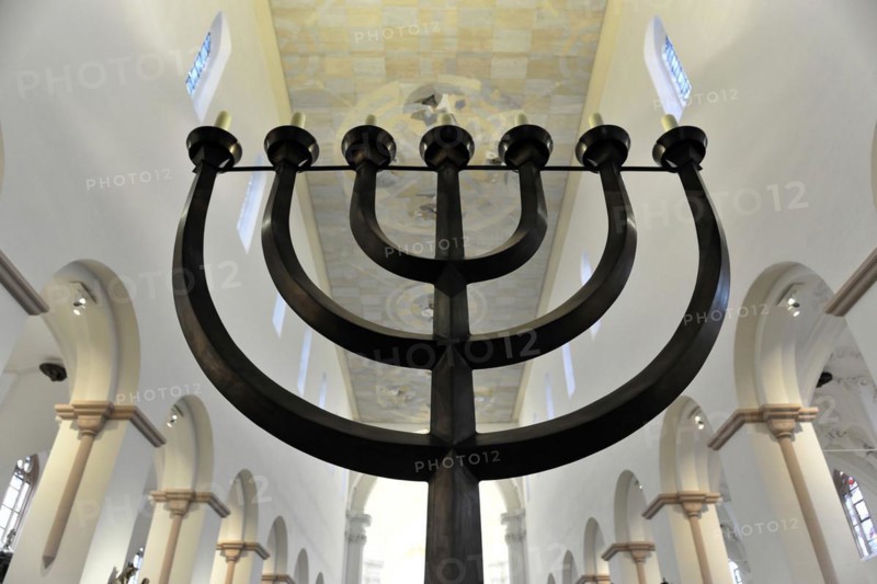 St Kilian's Cathedral, St Kilian's Cathedral, Wuerzburg, Black menorah in front of an altar in a church, symbol of Judaism, Wuerzburg, Lower Franconia, Bavaria, Germany, Europe