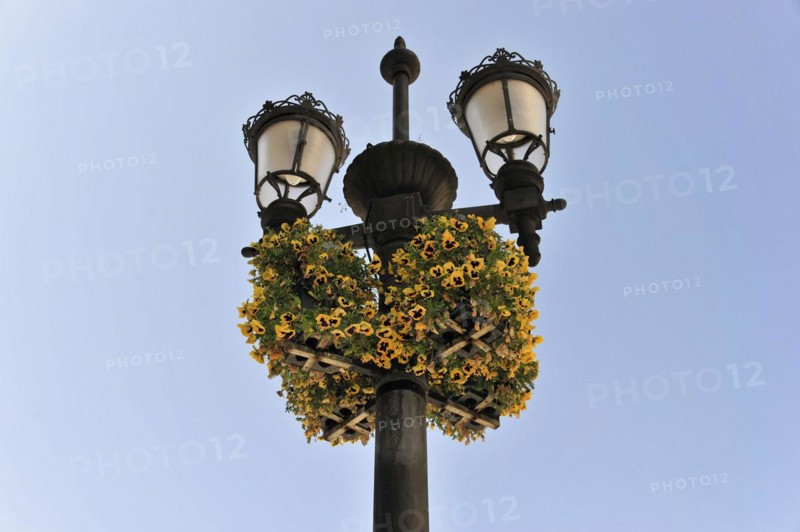 Granada, lamppost decorated with a wreath of yellow flowers against a blue sky, Granada, Andalusia, Spain, Europe