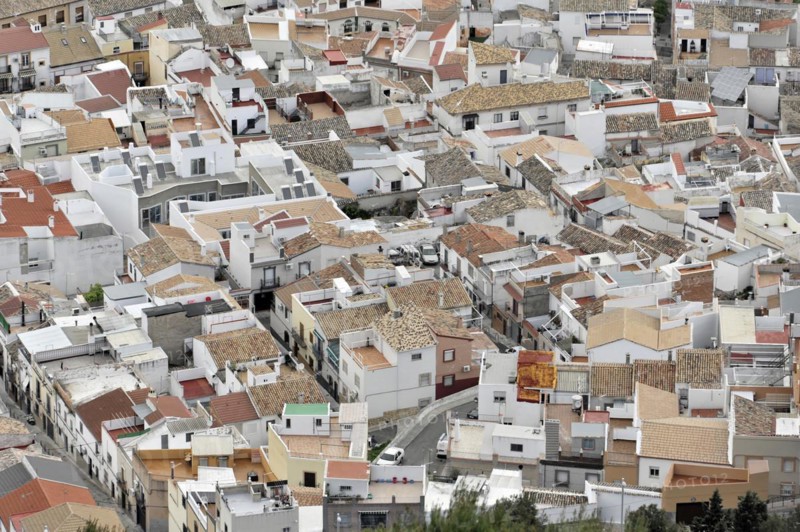 View of Jaen from the Castillo de Santa Catalina, dense urban view of a city with numerous white and terracotta-coloured roofs, Granada, Andalusia, Spain, Europe