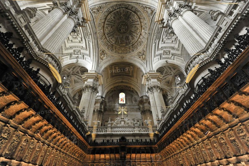 Jaen, Catedral de Jaen, Cathedral of Jaen from the 13th century, Renaissance art epoch, Jaen, Baroque ceiling design of a theatre with central fresco and decorations, Jaen, Andalusia, Spain, Europe